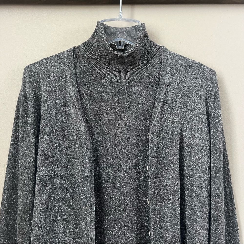 August Silk Shimmering Metallic Silver Knit Cardigan & Turtleneck Twinset SZ L - Picture 4 of 15